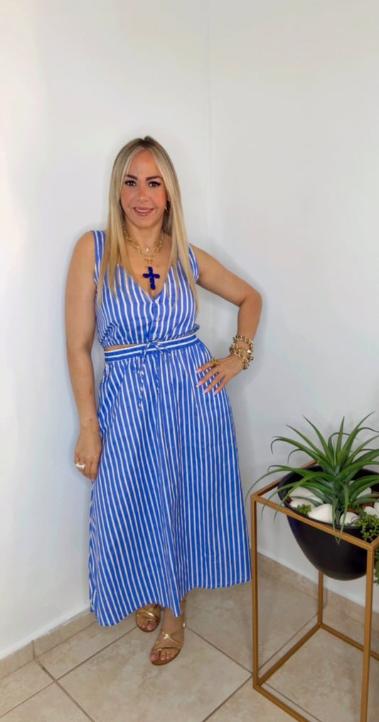 Blue And White Lines Maxi Skirt Set