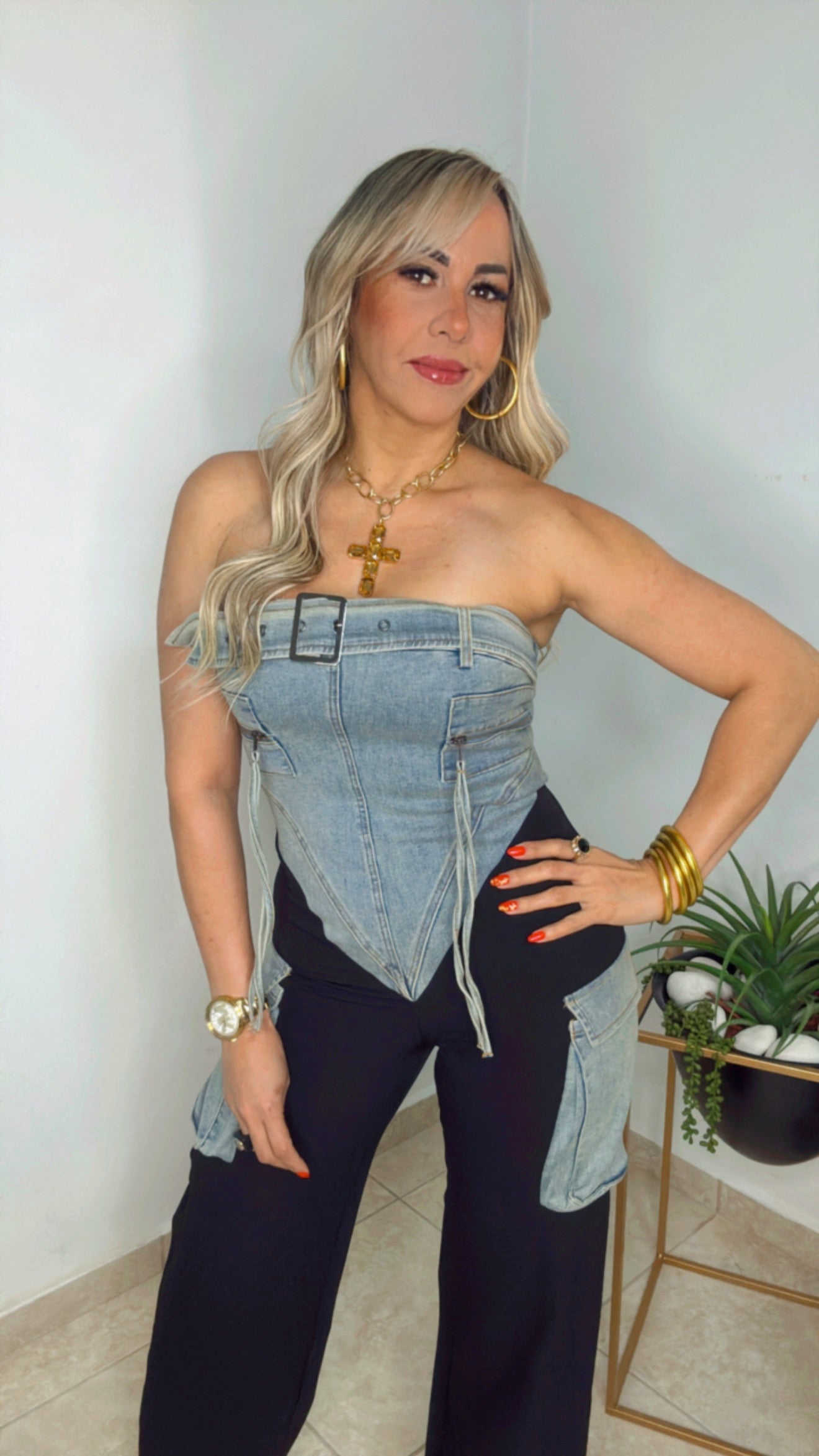 Black And Denim Cargo Jumpsuit