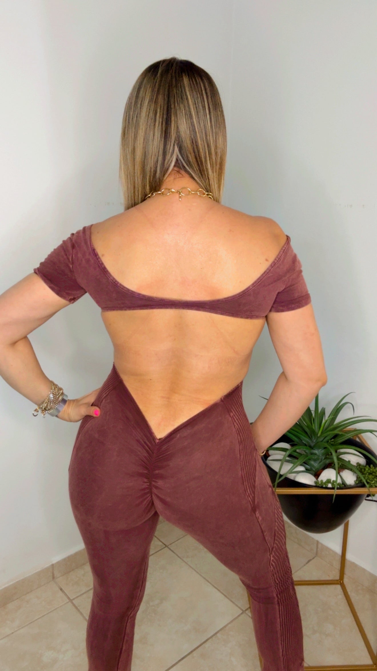 Mahogany Open Back Flare Jumpsuit