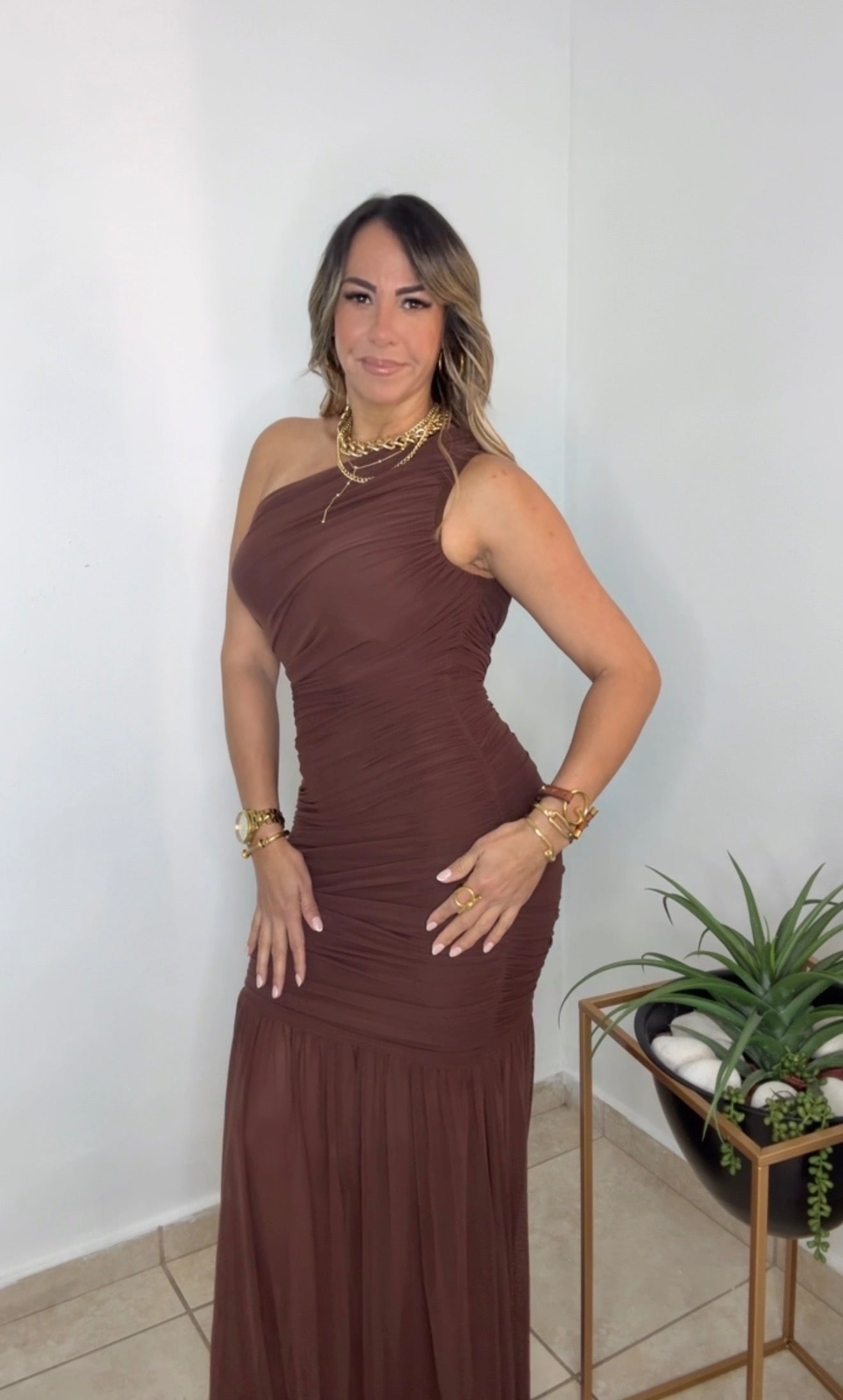 Chocolate Mesh One Shoulder Asymmetrical Maxi