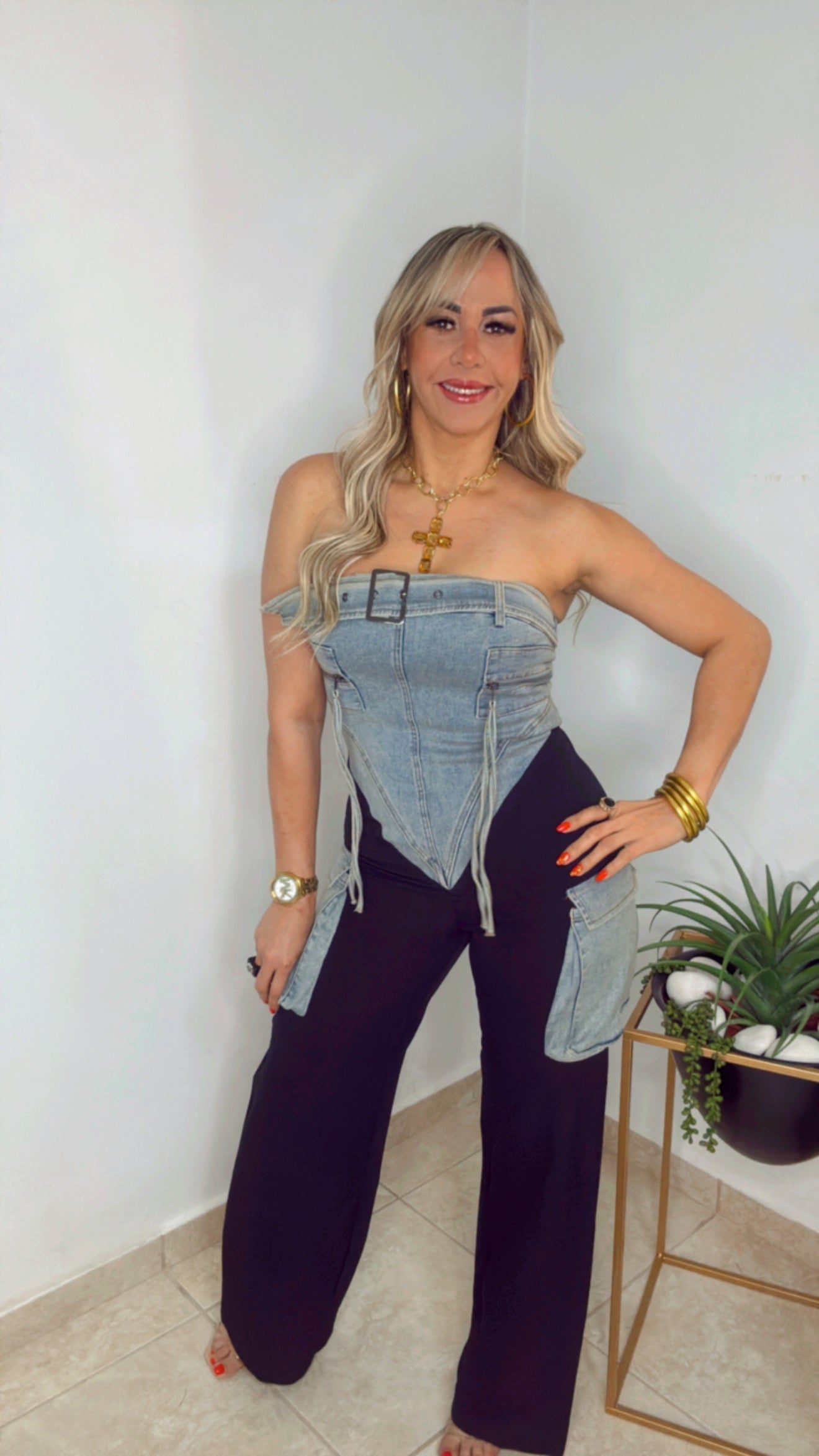 Black And Denim Cargo Jumpsuit