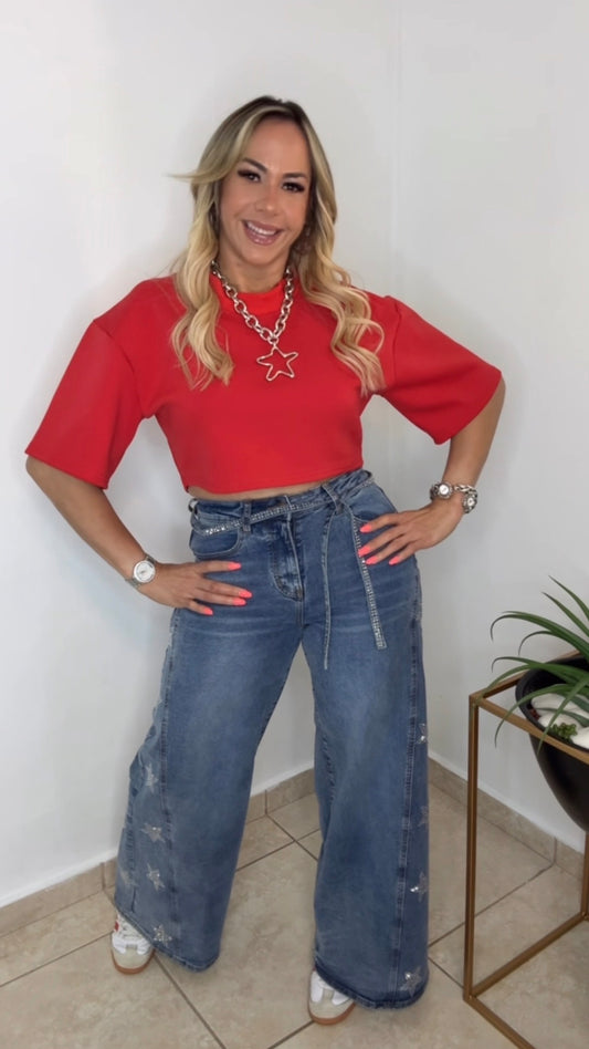 Red Oversize Crop Tshirt