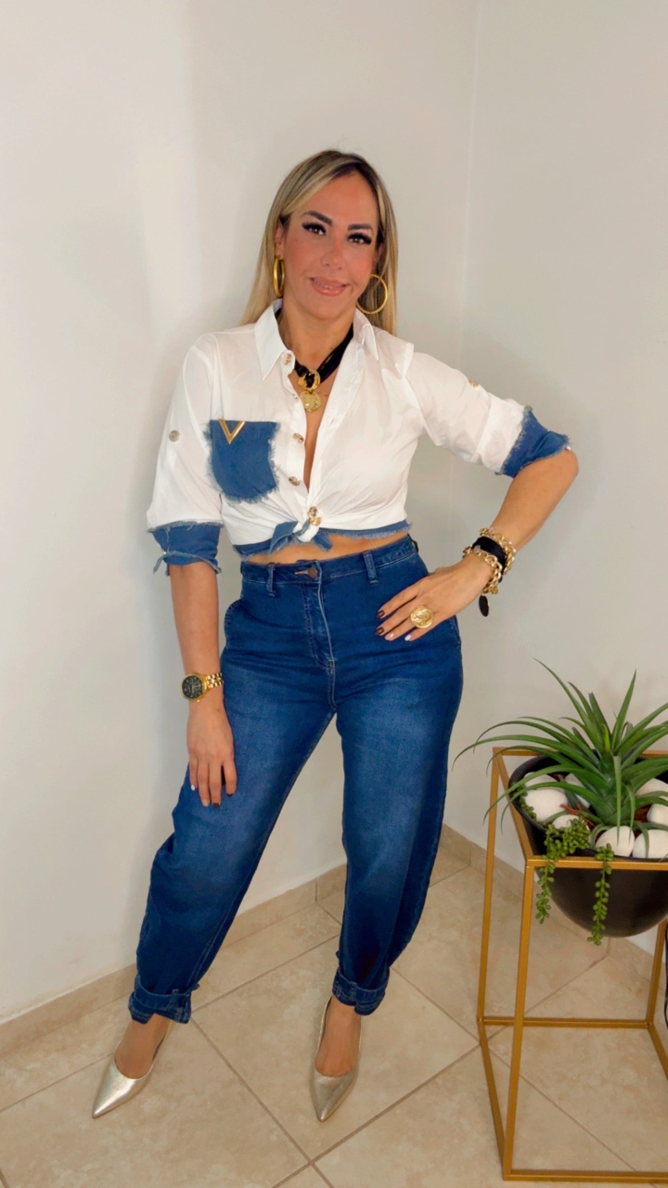 White And Denim Blouse