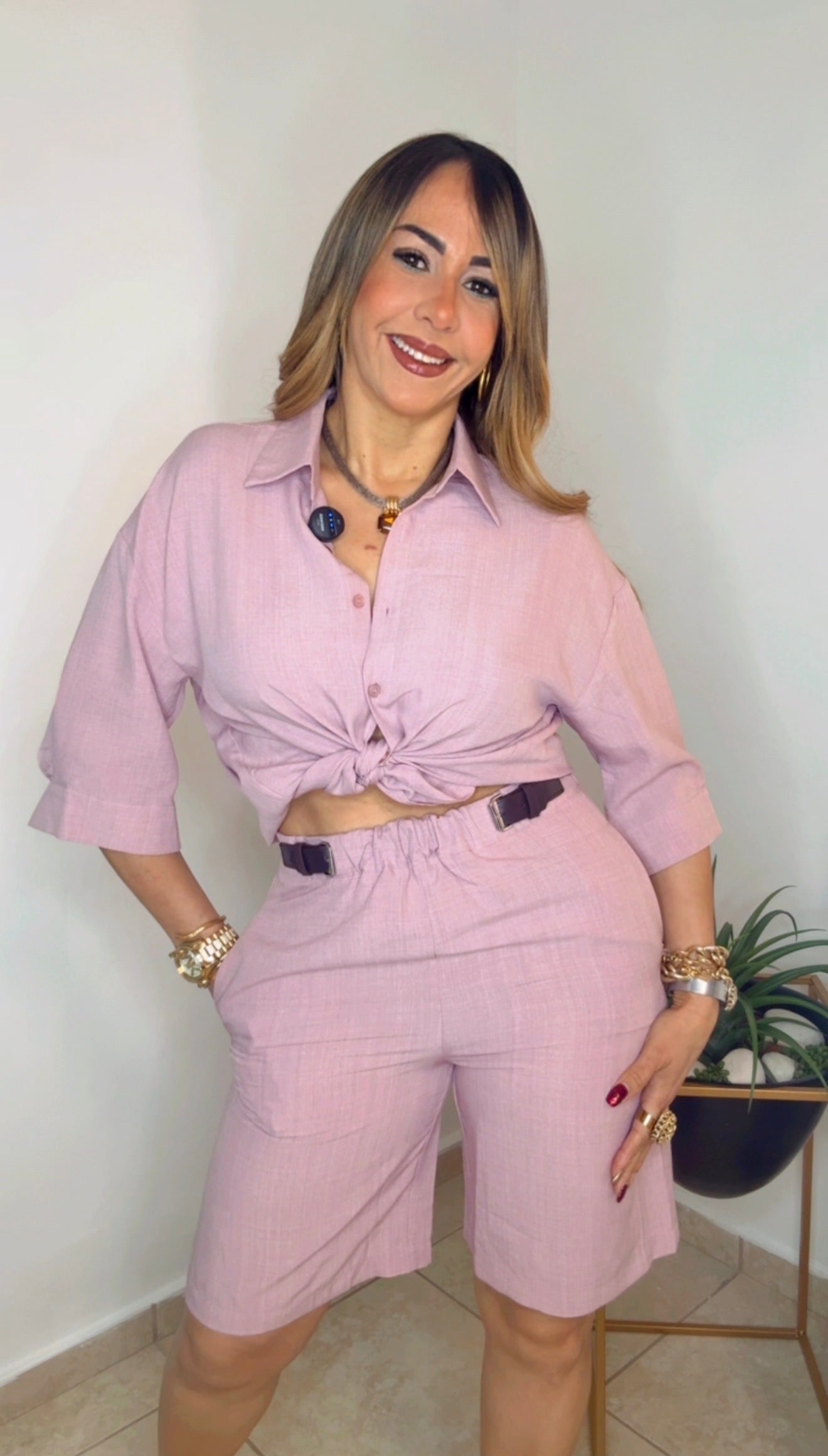 Pink 3/4 Sleeve Blouse Short Pant