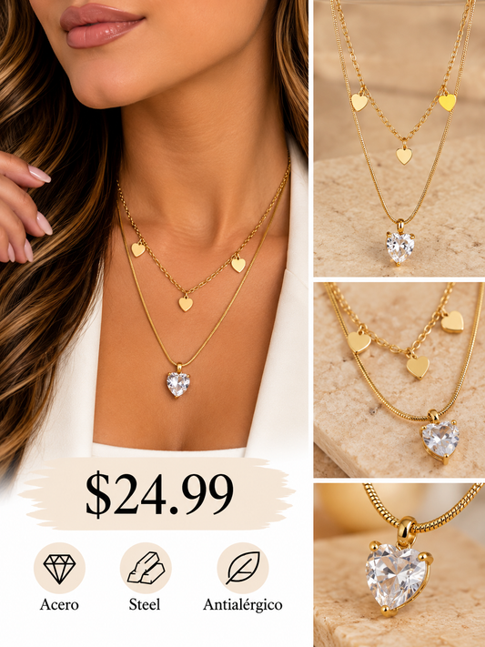 Cadena Doble Cristal. Rectagular/Corazon/Estrella
