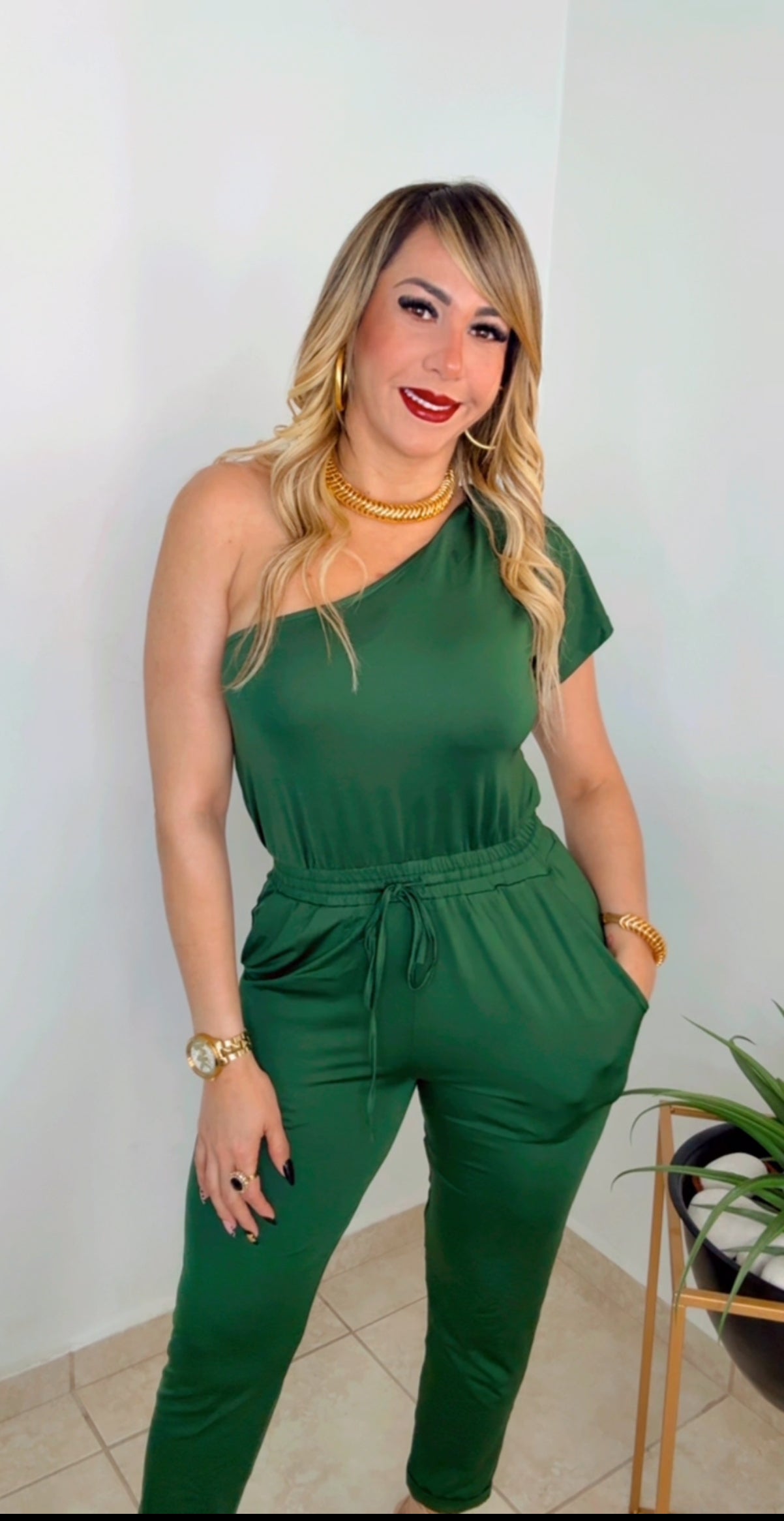Green Hunter One Shoulder Jumpsuit