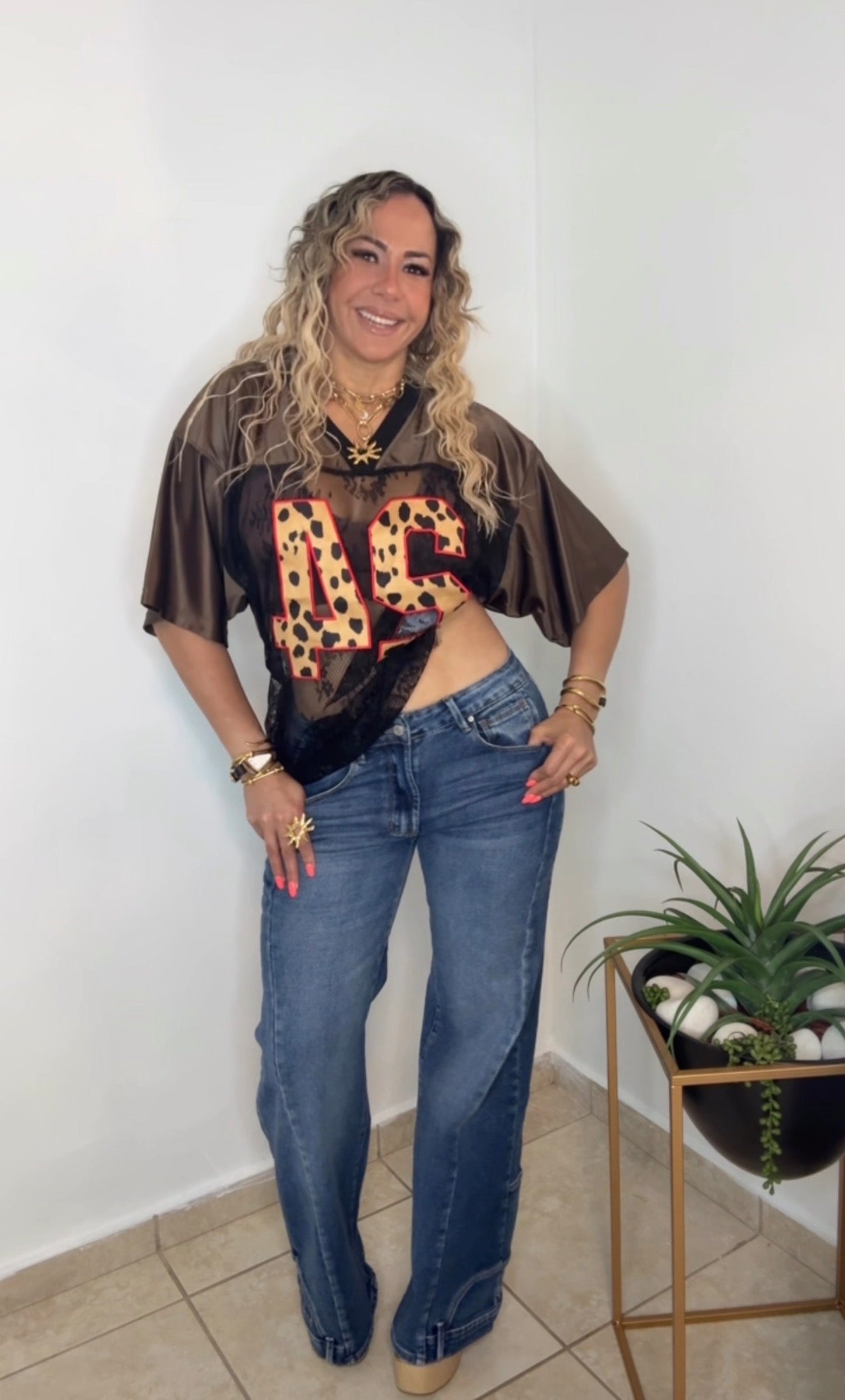 Brown Leopard Jersey Lace Top