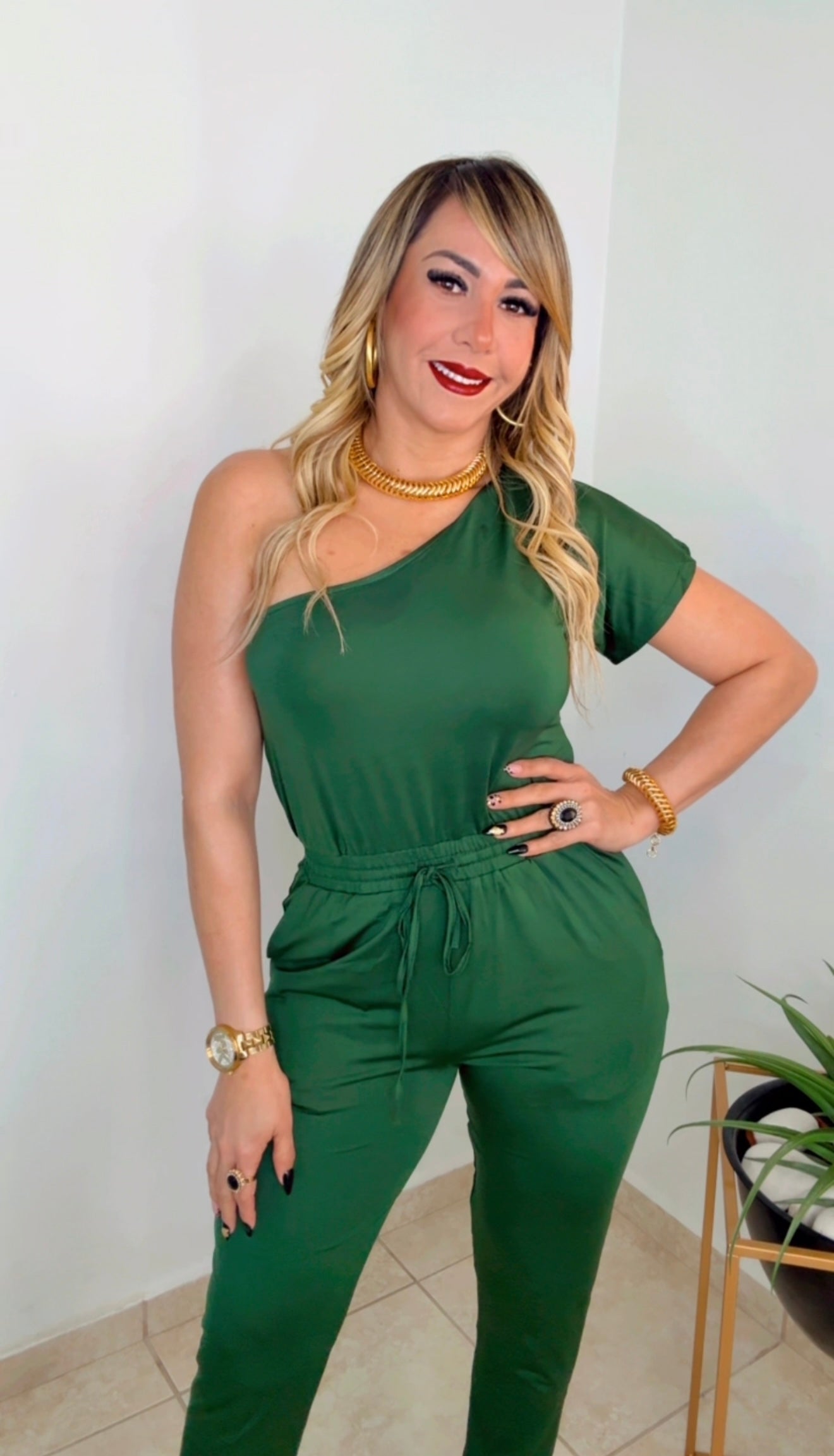 Green Hunter One Shoulder Jumpsuit