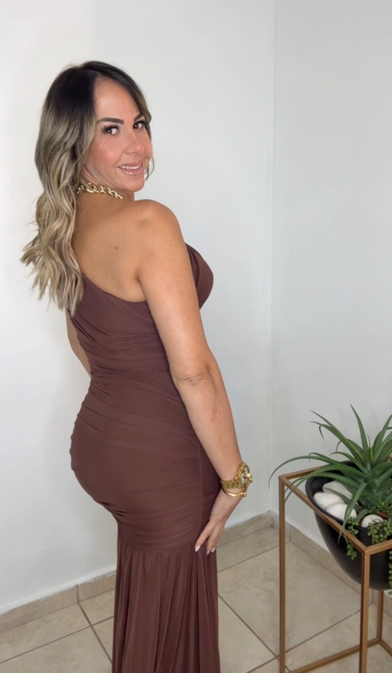 Chocolate Mesh One Shoulder Asymmetrical Maxi