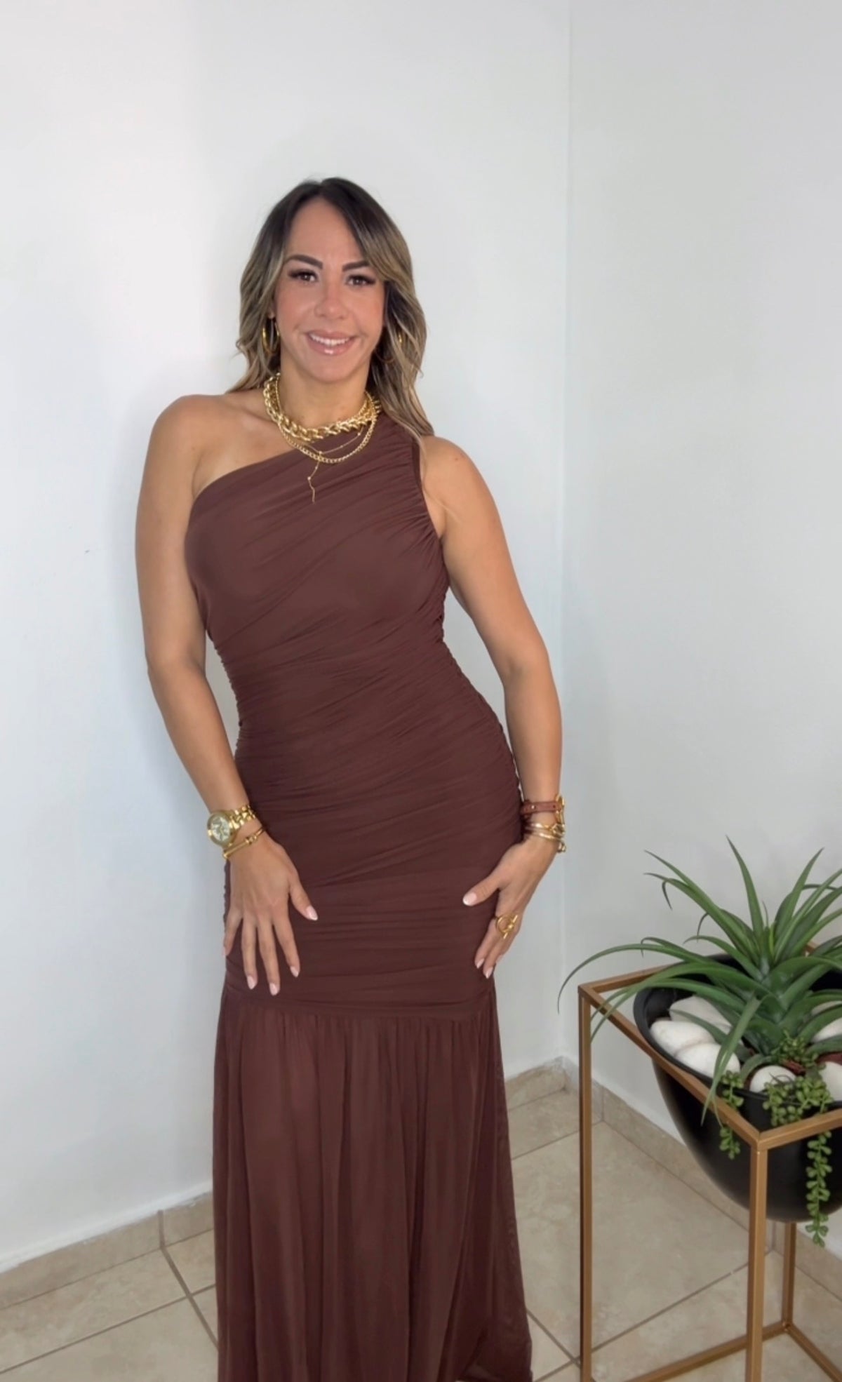 Chocolate Mesh One Shoulder Asymmetrical Maxi