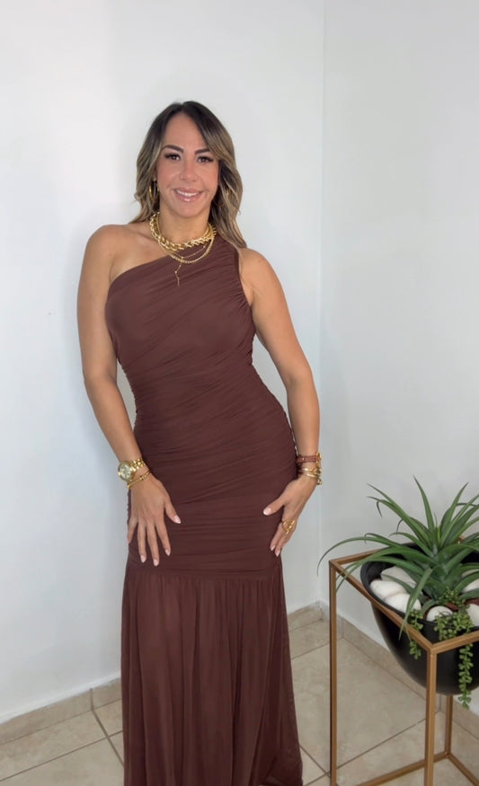 Chocolate Mesh One Shoulder Asymmetrical Maxi