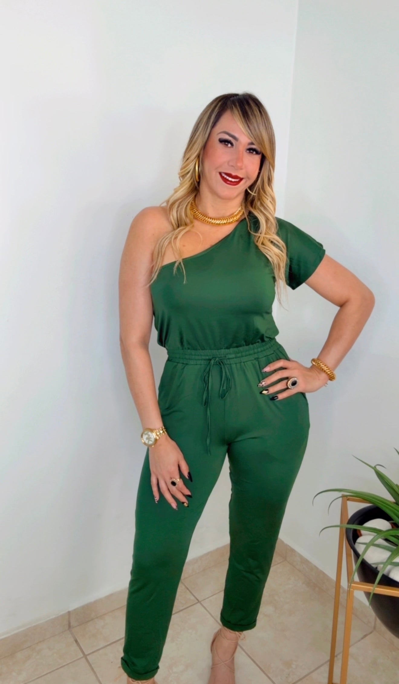 Green Hunter One Shoulder Jumpsuit