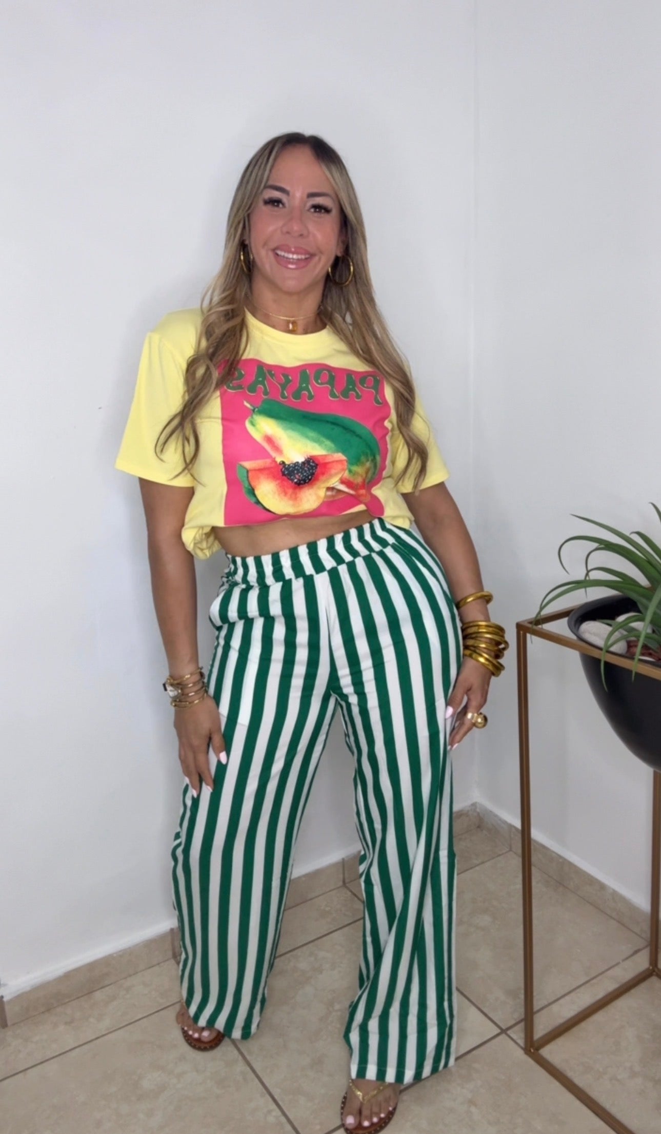 Green And White Striped Pant