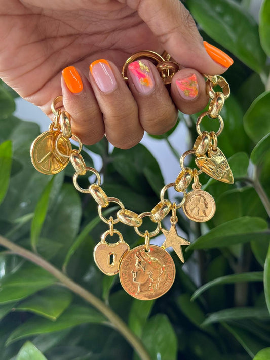 Pulsera Full  Gold Charms Monedas Y Estrellas
