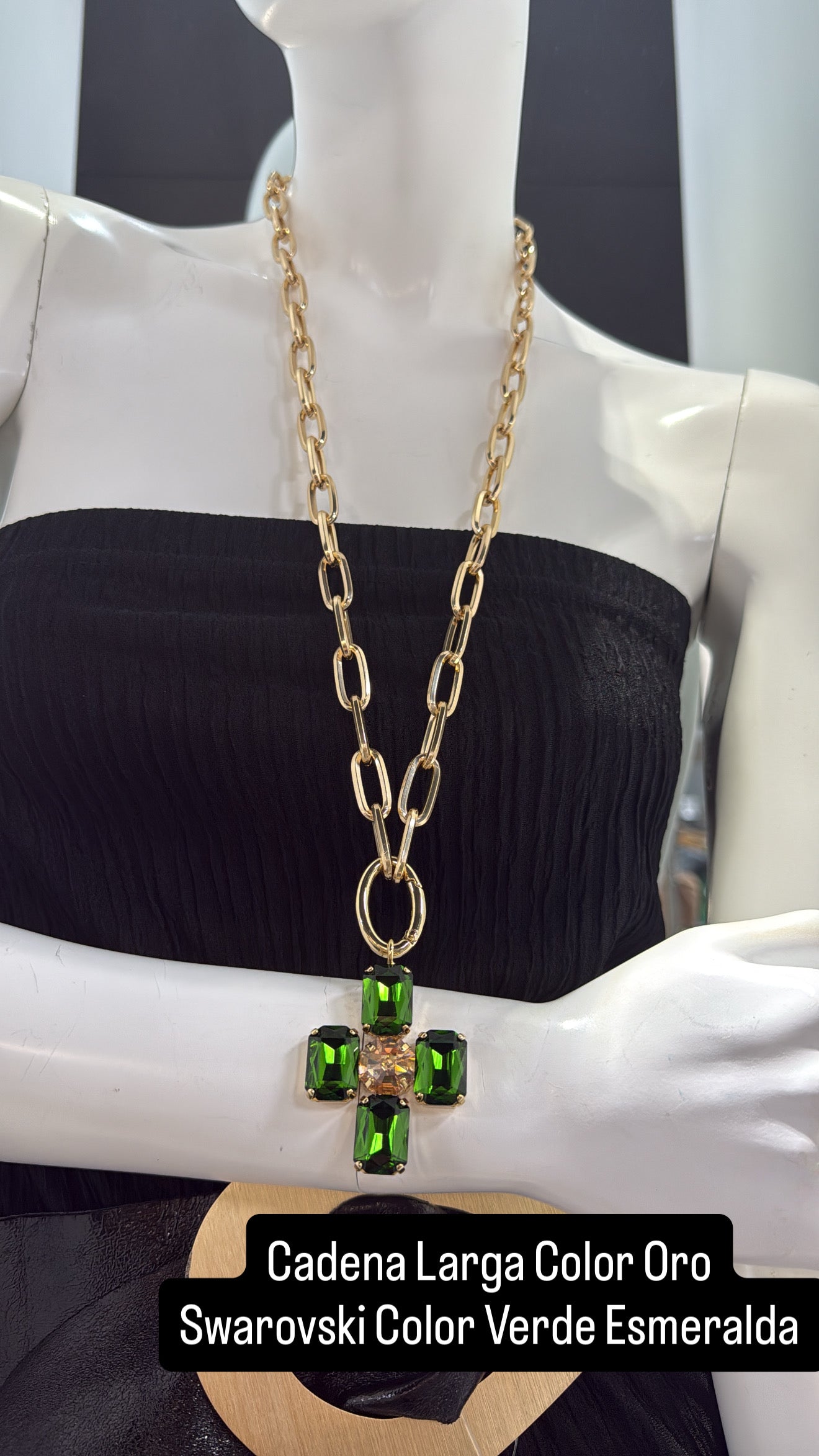 Cadena Larga Color Oro Swarovski Verde Esmeralda