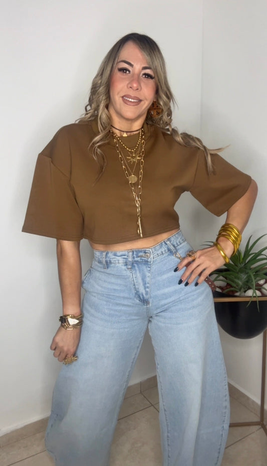 Brown Oversized Crop Tshirt