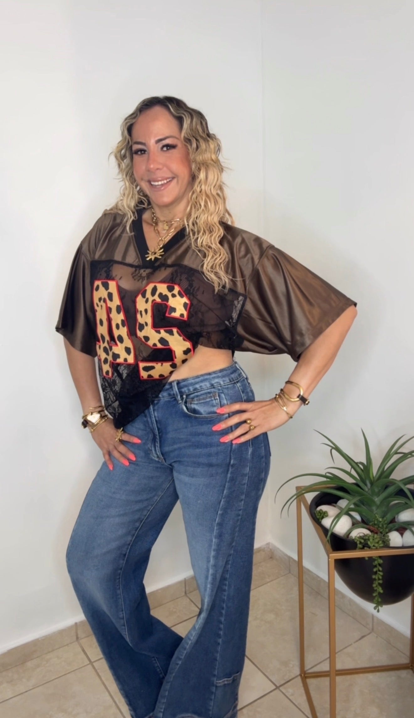 Brown Leopard Jersey Lace Top