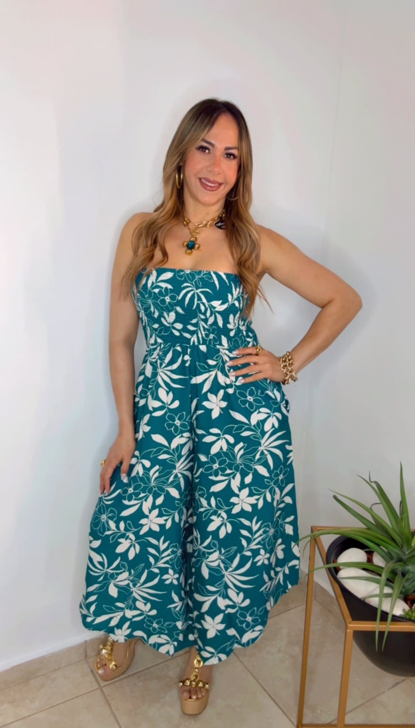 Teal And White  Asymmetrical Jumpsuit