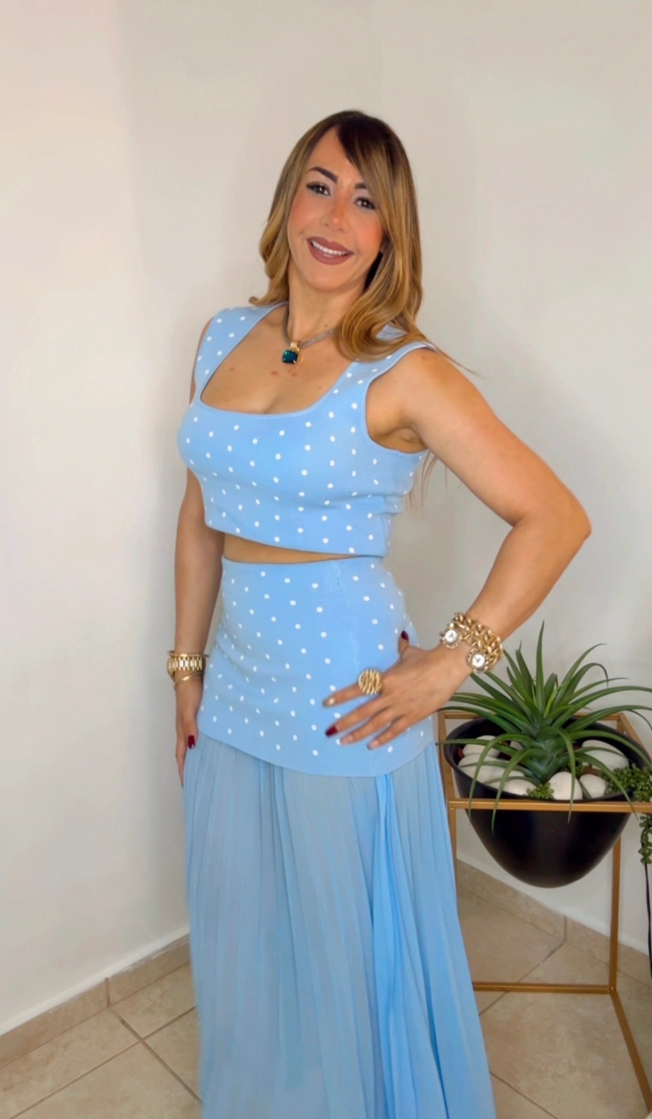 Baby Blue Polka Dots Maxi Skirt Set