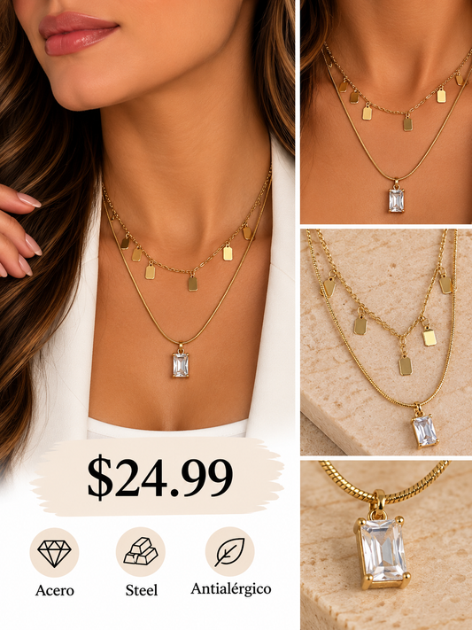 Cadena Doble Cristal. Rectagular/Corazon/Estrella