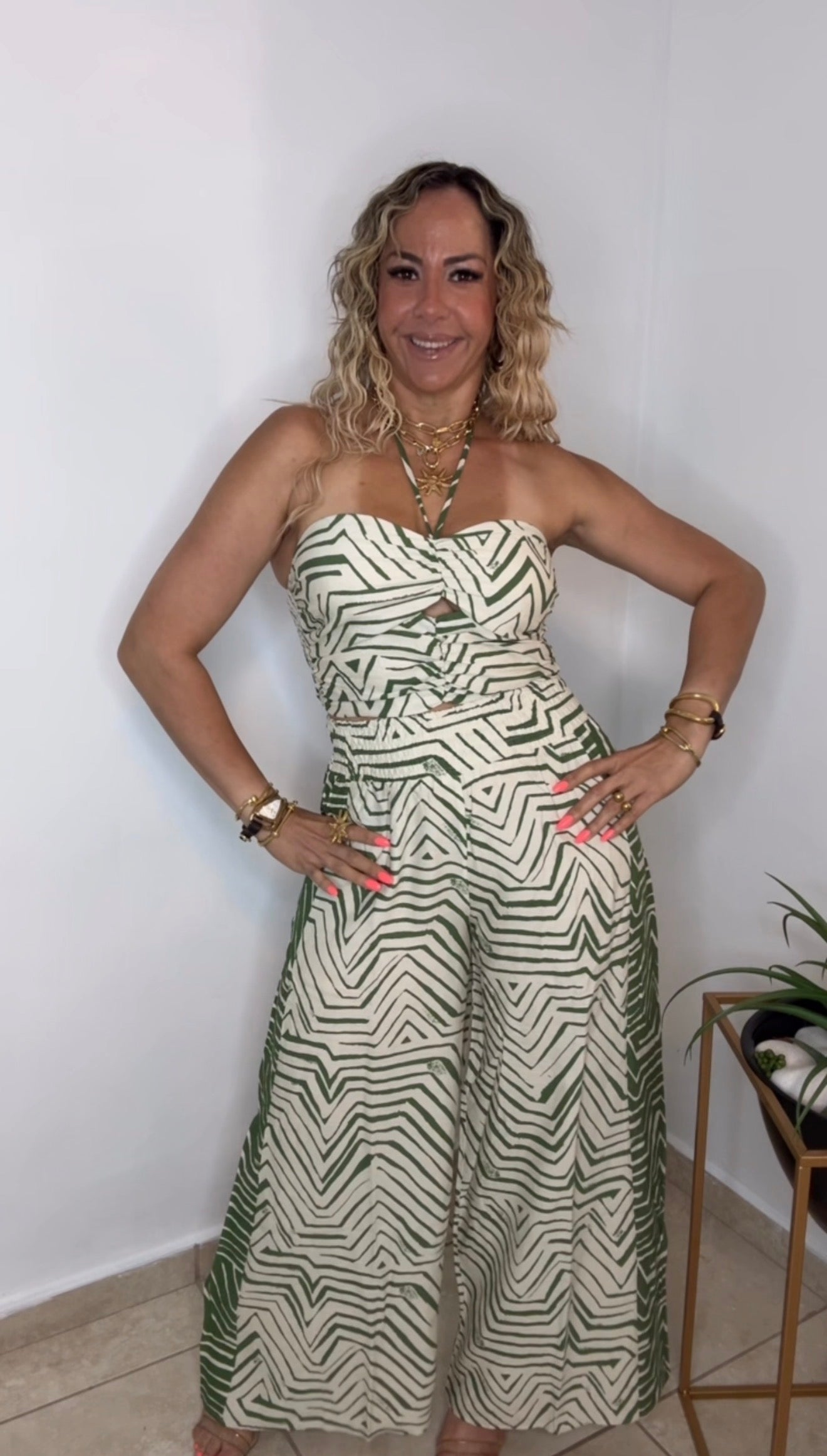 Green/ Ivory Crop Wide Leg Pant Set