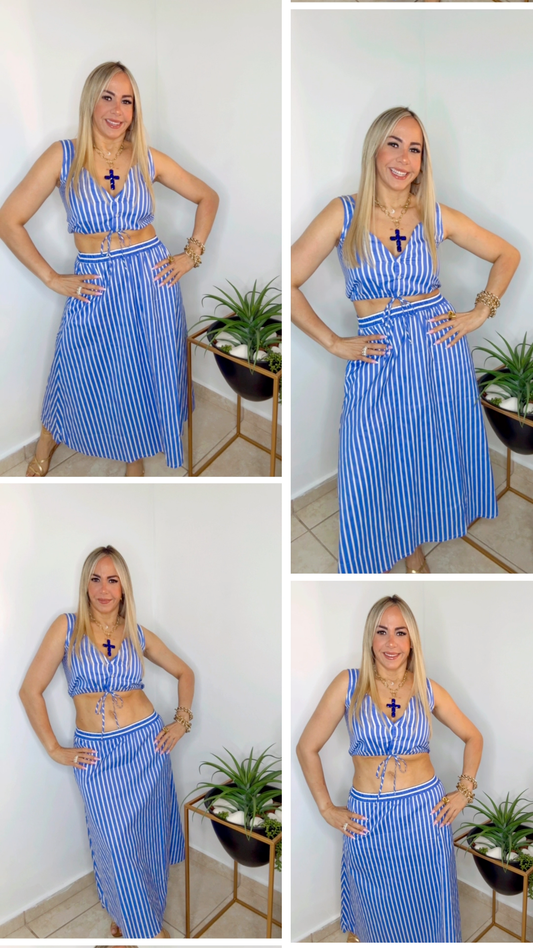 Blue And White Lines Maxi Skirt Set (VENTA FINAL)
