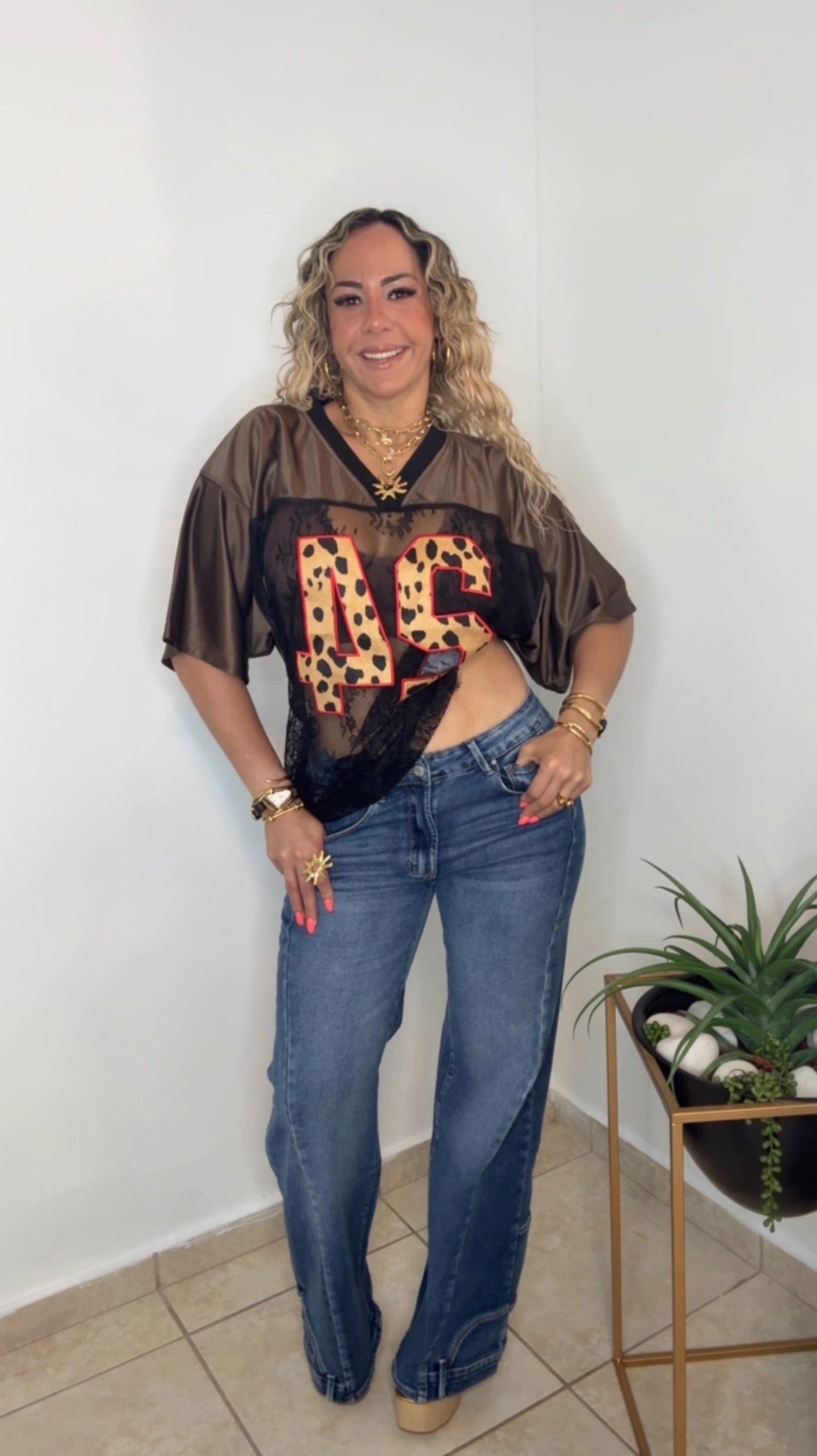 Brown Leopard Jersey Lace Top