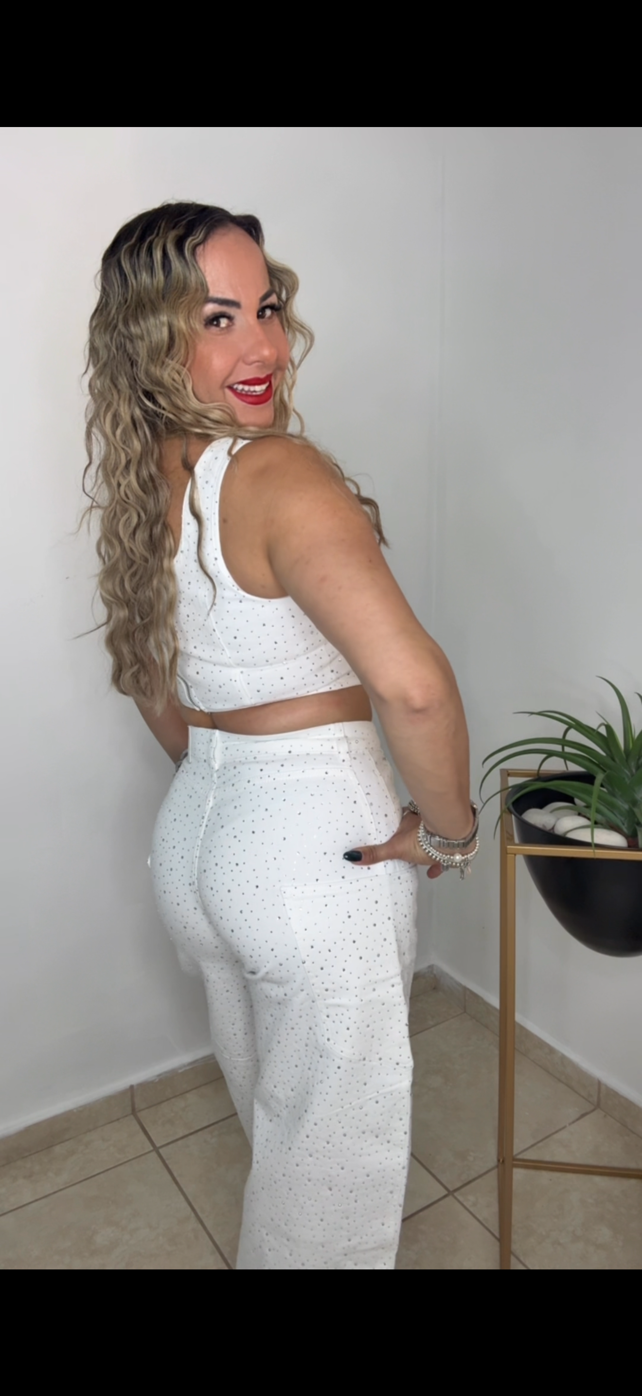 White Rhinestone Bubble Jeans