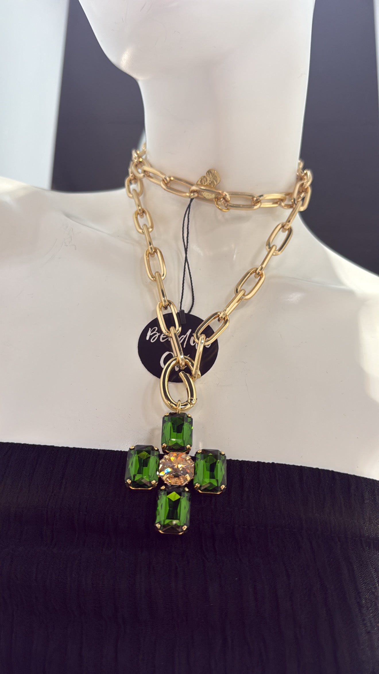 Cadena Larga Color Oro Swarovski Verde Esmeralda