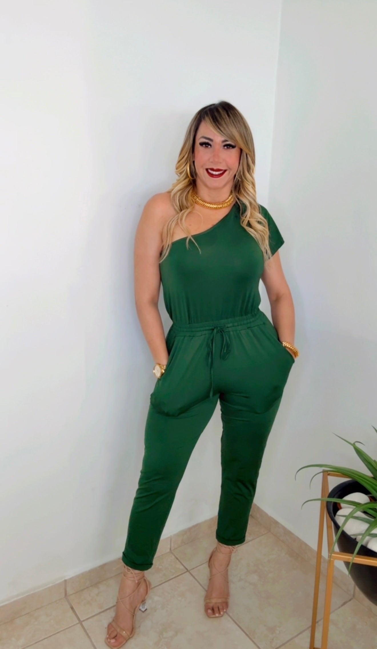 Green Hunter One Shoulder Jumpsuit