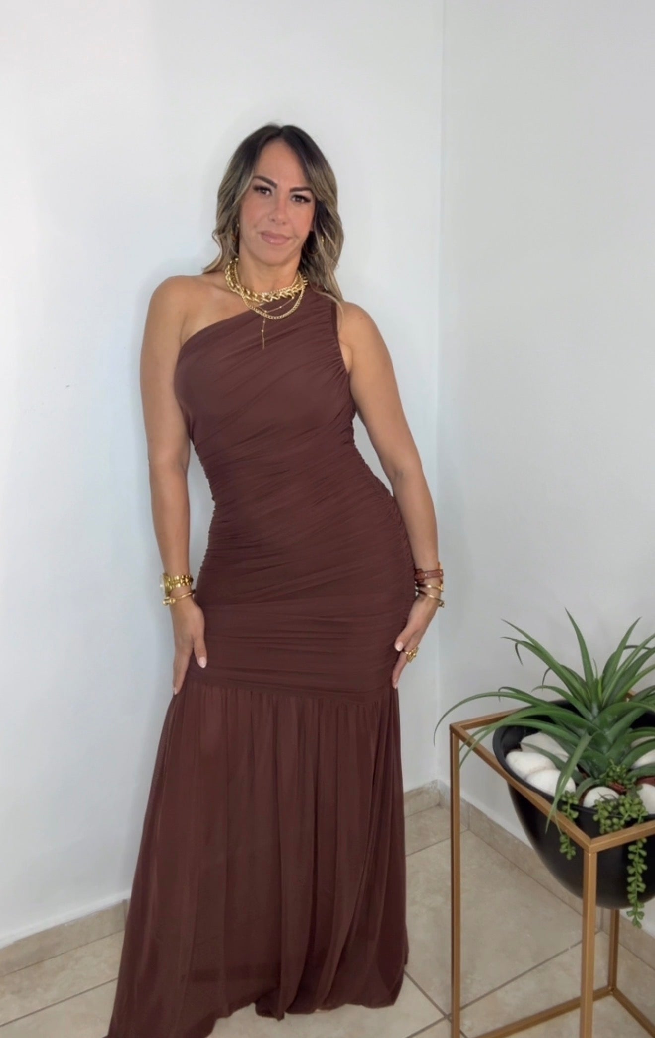 Chocolate Mesh One Shoulder Asymmetrical Maxi