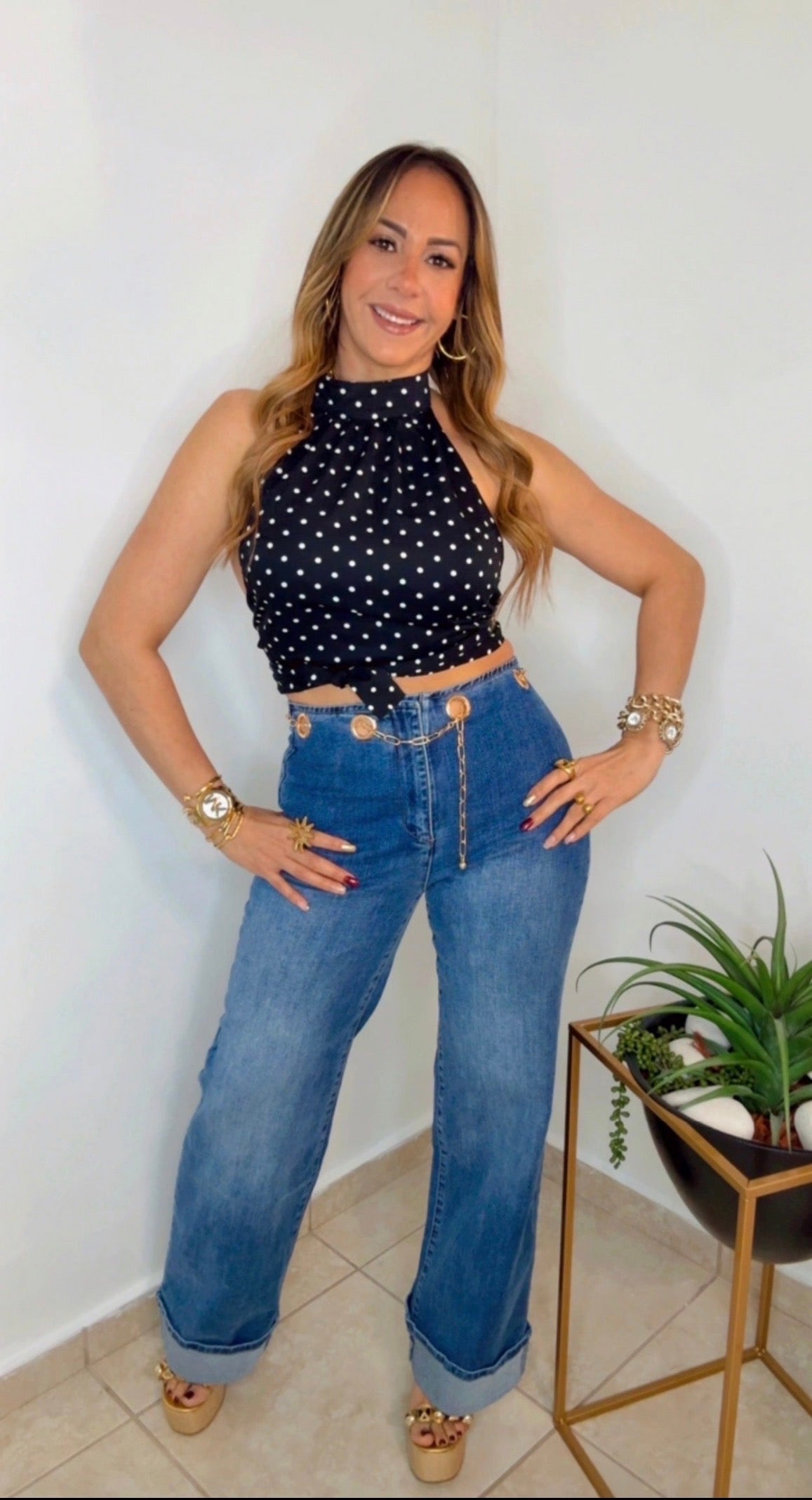 Medium Denim Circle Gold