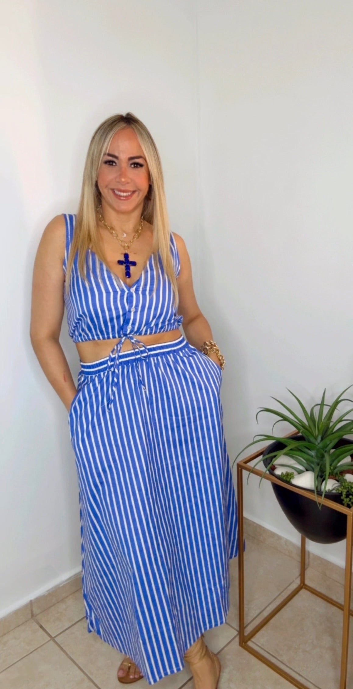 Blue And White Lines Maxi Skirt Set