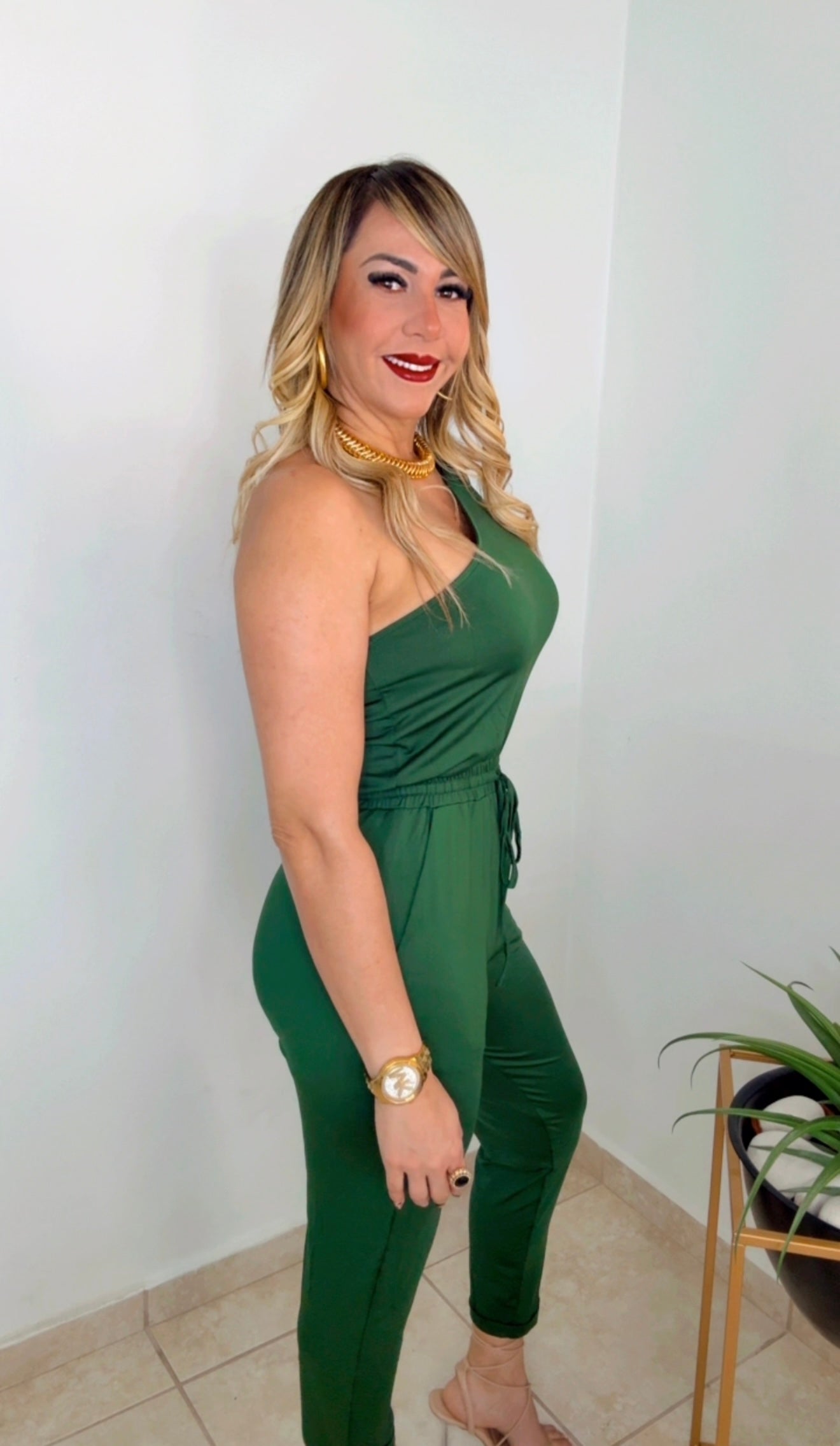 Green Hunter One Shoulder Jumpsuit