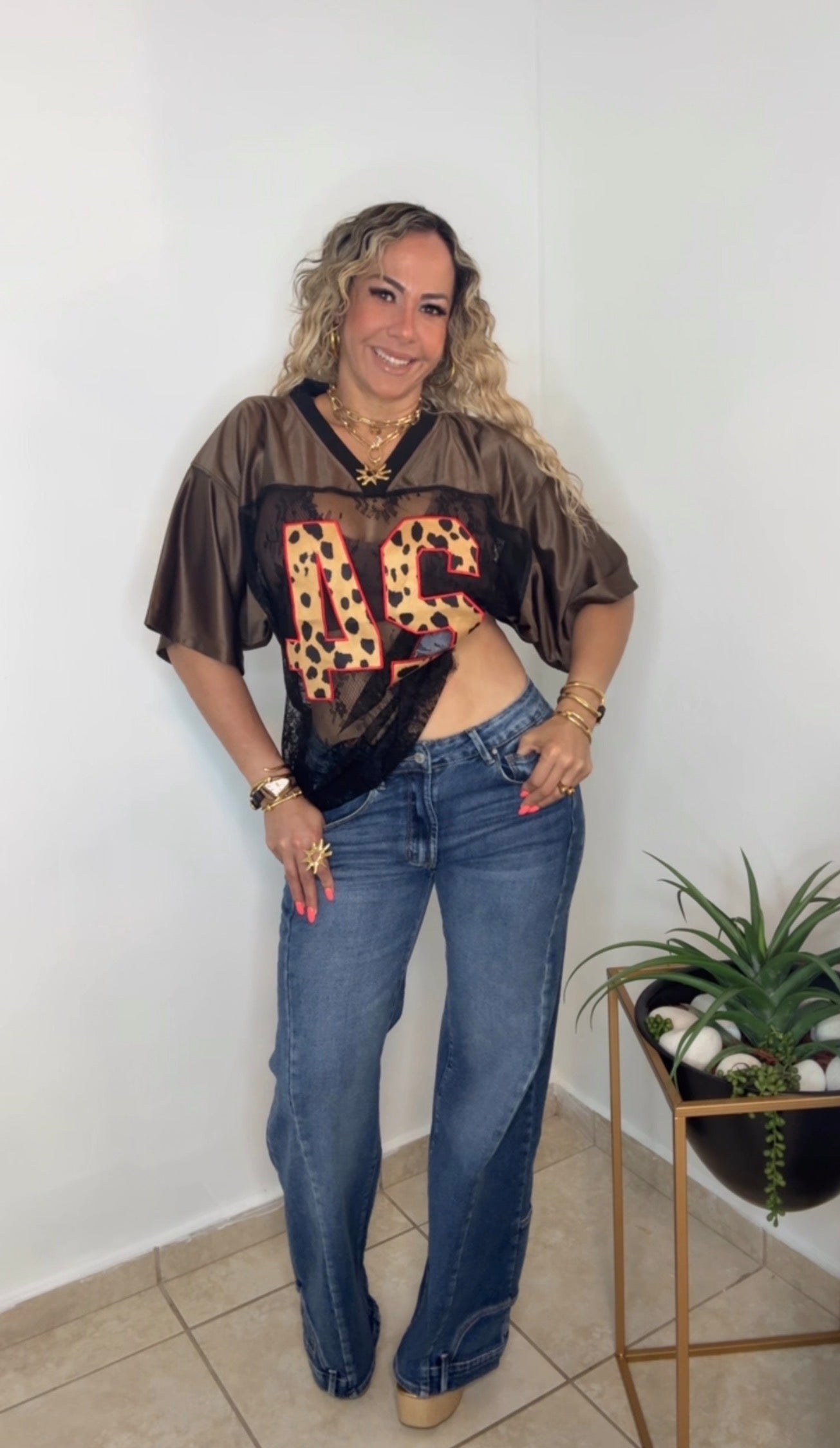 Brown Leopard Jersey Lace Top