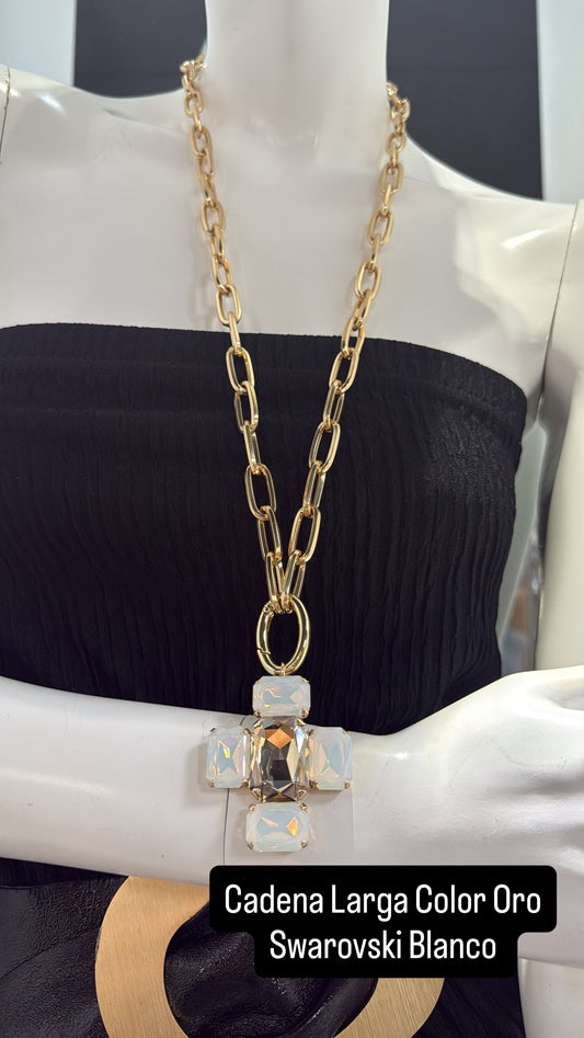 Cadena Larga Color Oro Swarovski Blanco