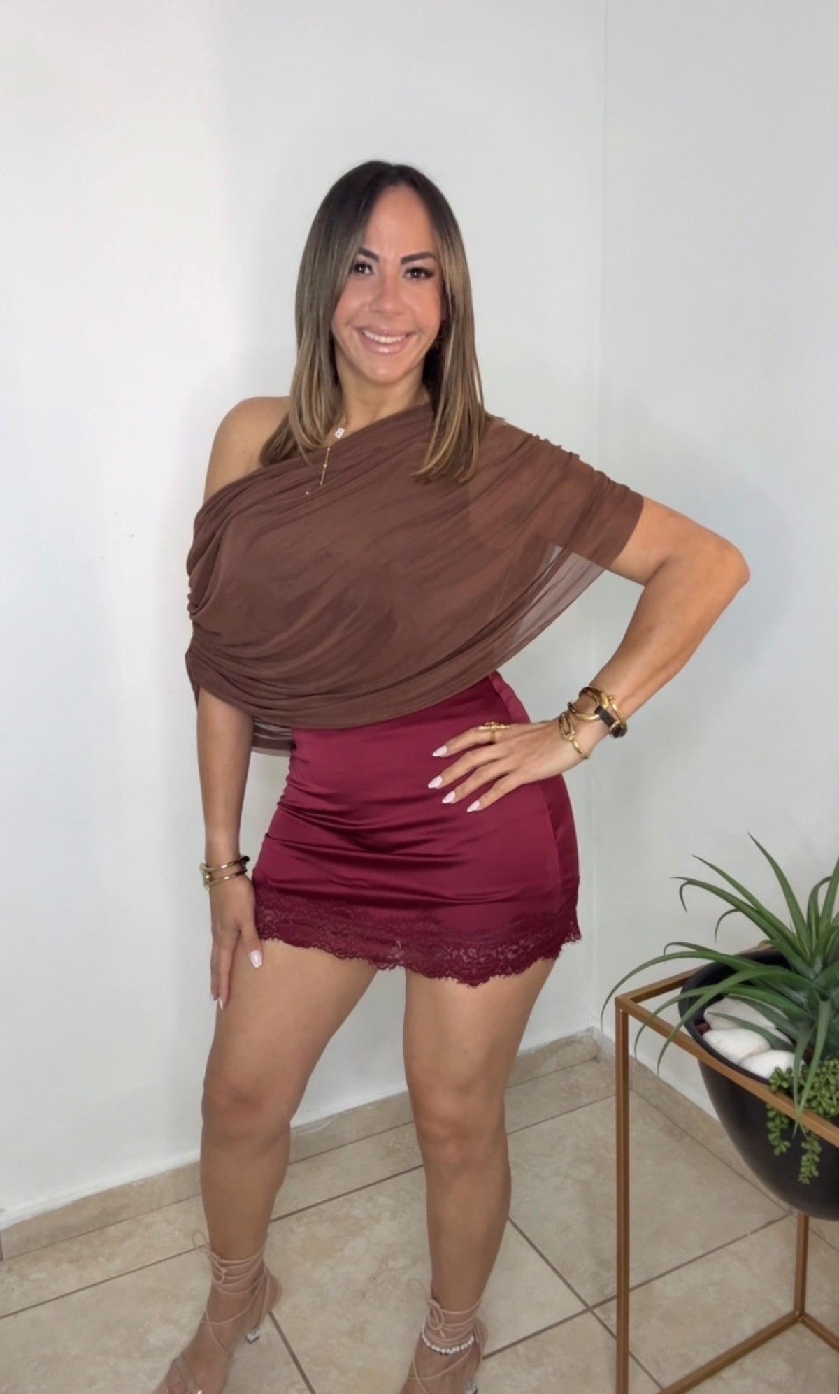 Wine Satin Skirt