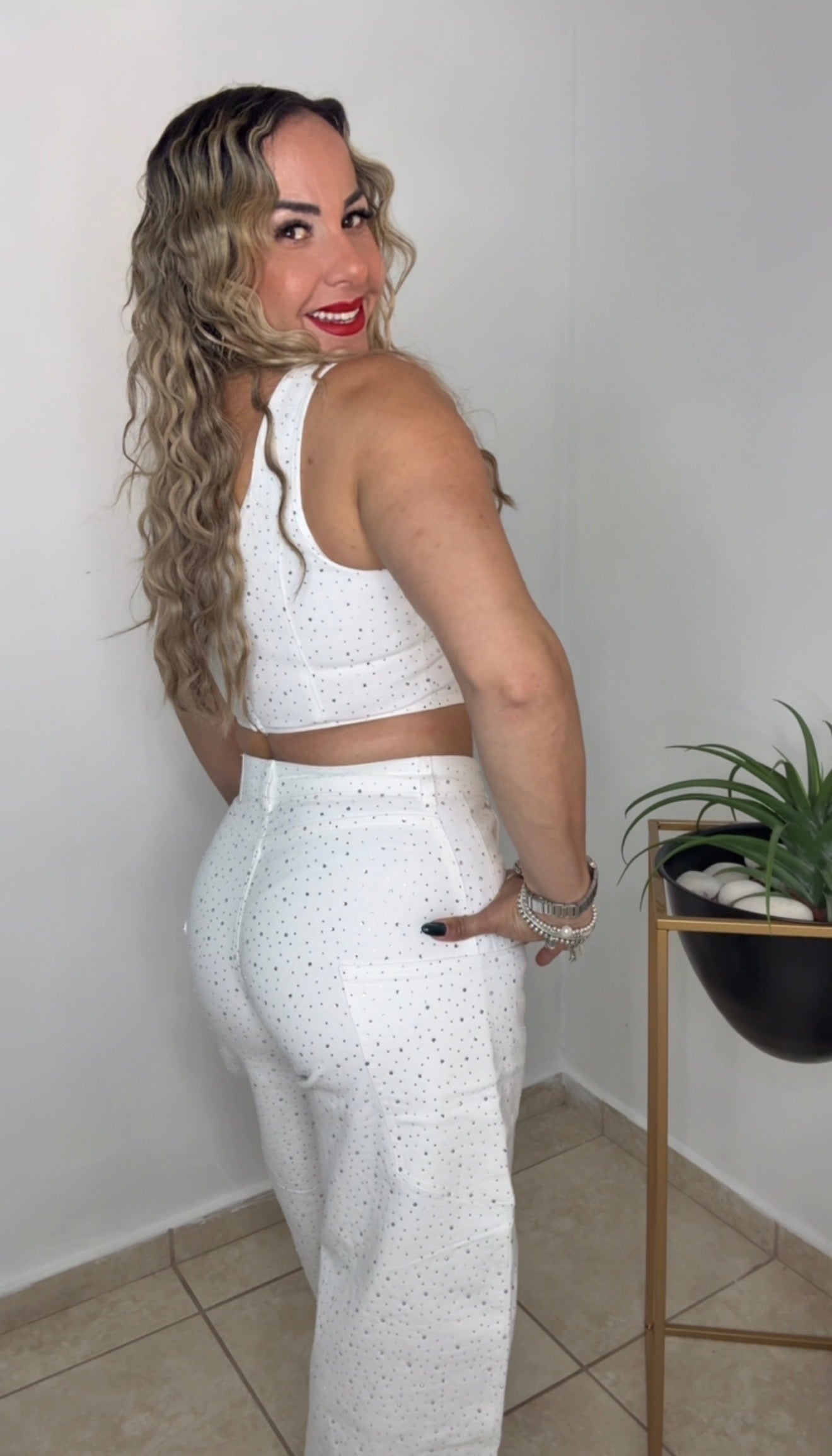 White Rhinestone Bubble Jeans