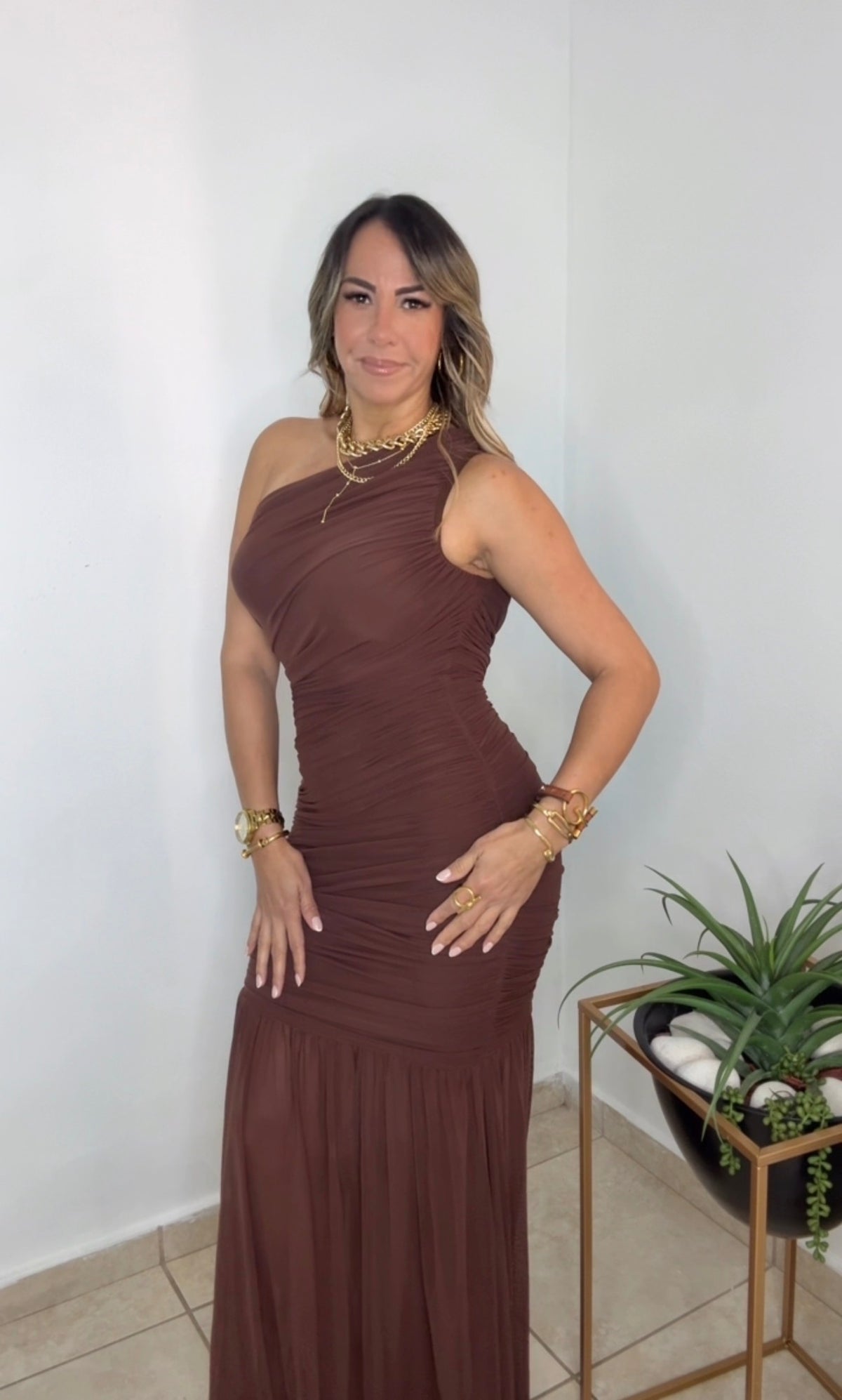 Chocolate Mesh One Shoulder Asymmetrical Maxi