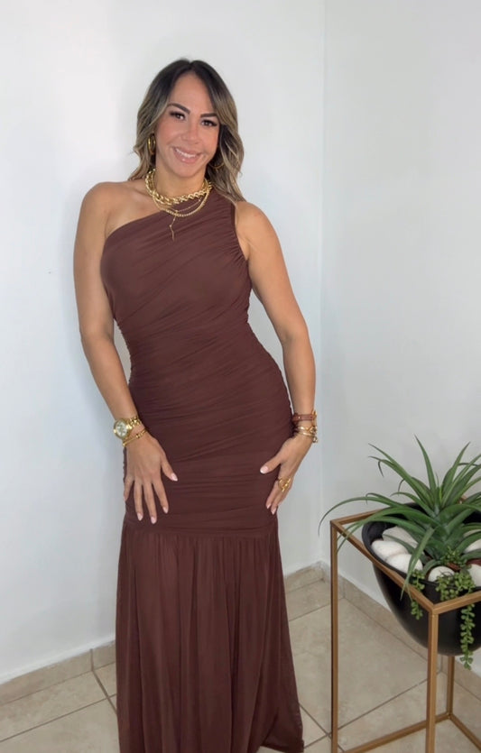 Chocolate Mesh One Shoulder Asymmetrical Maxi