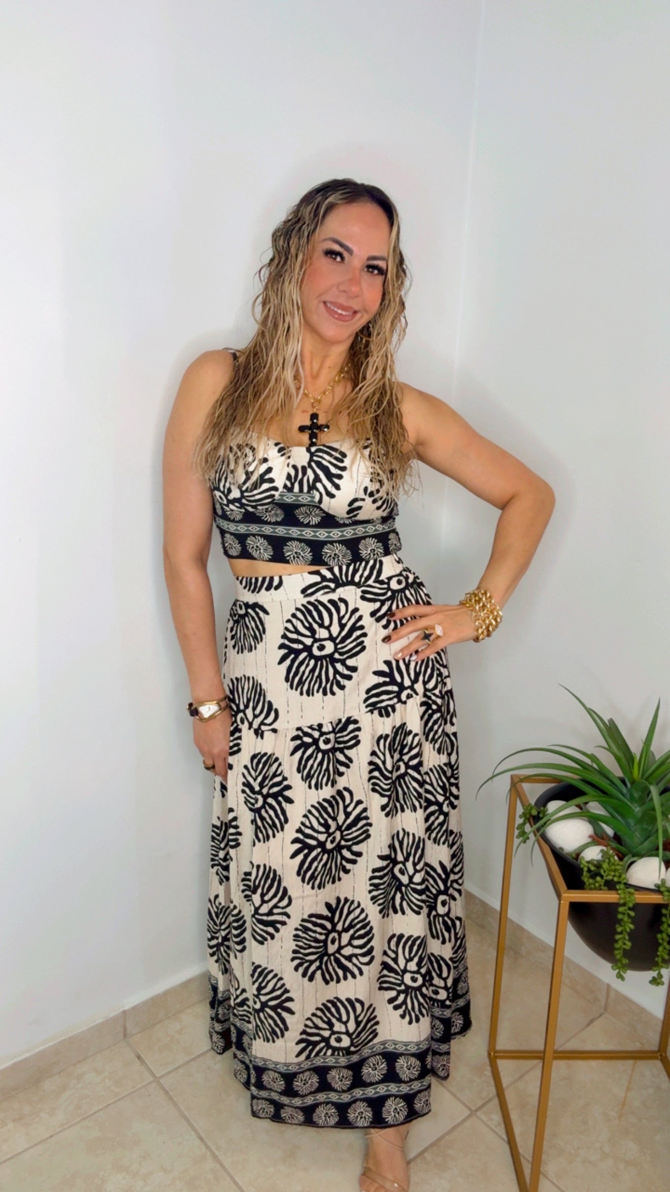 Black And Cream Skirt Set