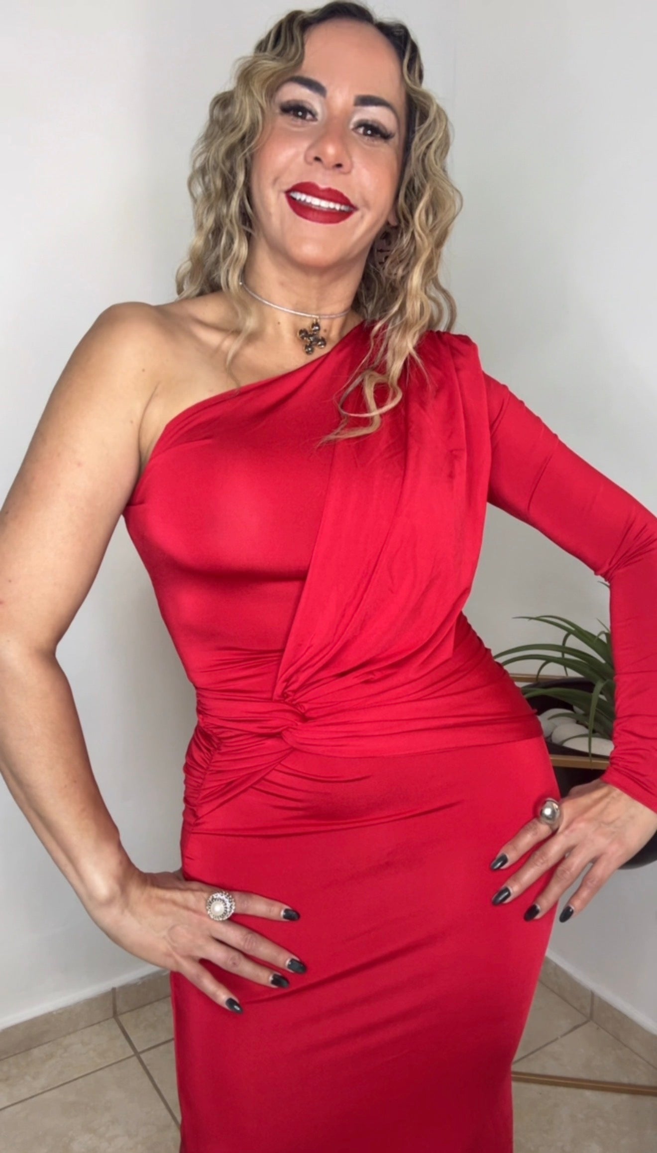 Red One Shoulder Maxi