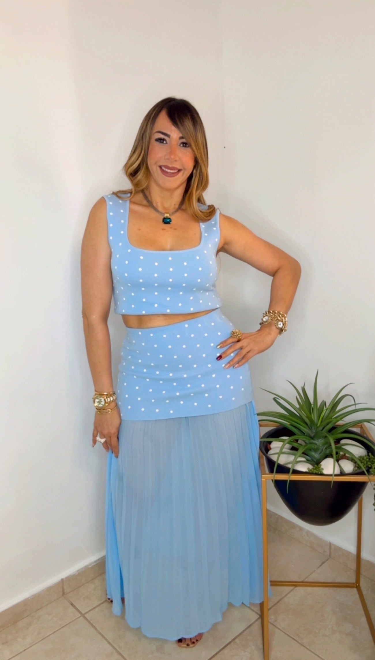 Baby Blue Polka Dots Maxi Skirt Set