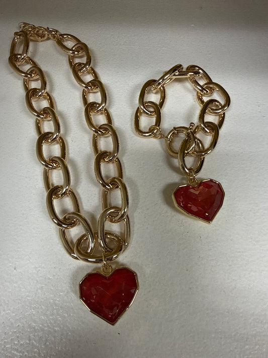Set Colección Corazón Cadena Color Oro Cristal Rojo (Cadena y Pulsera)
