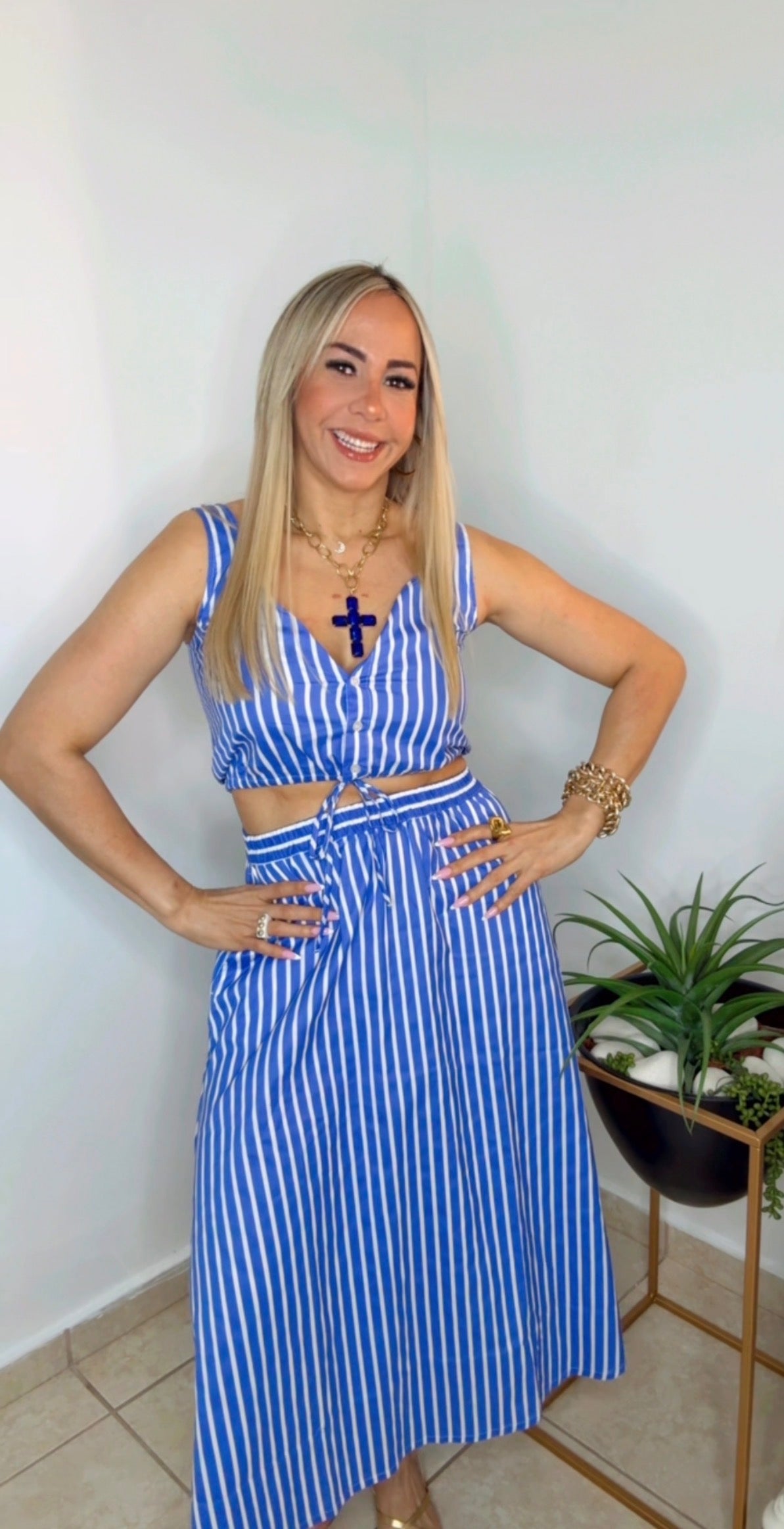Blue And White Lines Maxi Skirt Set