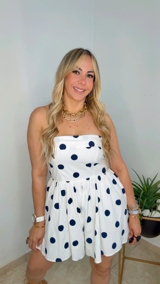 White And Navy Polkadots Romper