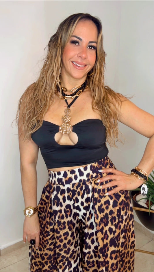 Black Metallic Halter Neck Crop Top