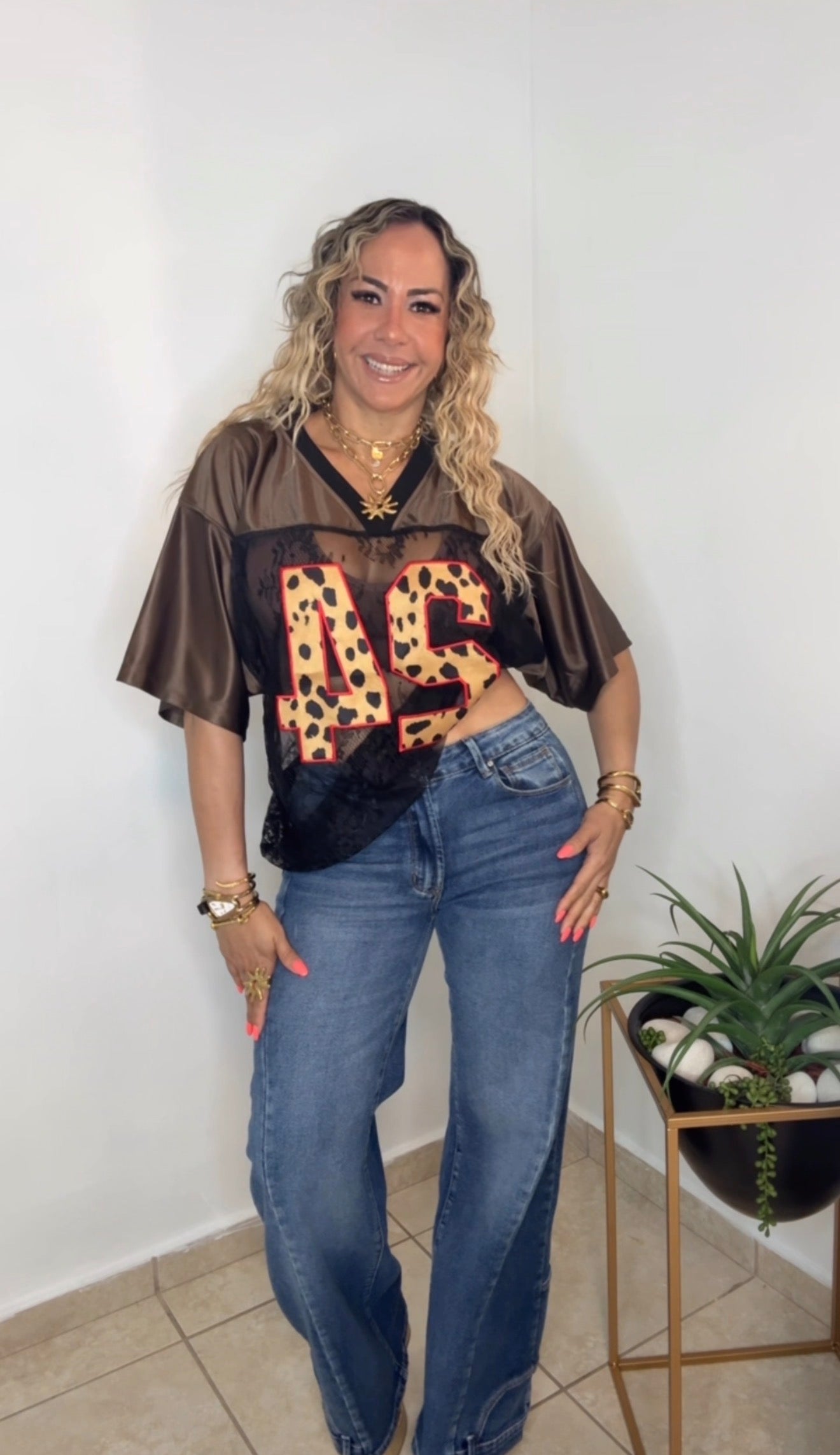 Brown Leopard Jersey Lace Top