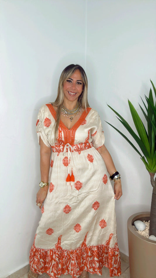 Cream  And Terracotta Maxi Dress (VENTA FINAL)