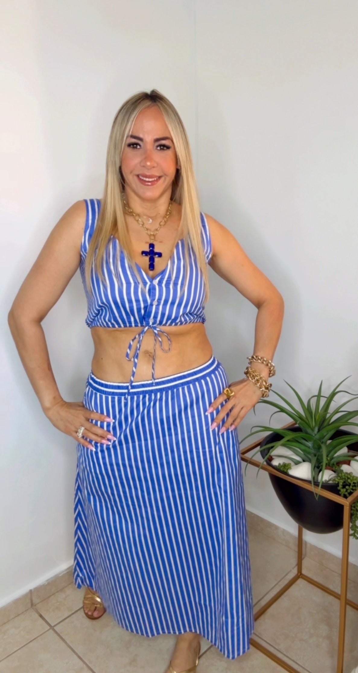 Blue And White Lines Maxi Skirt Set